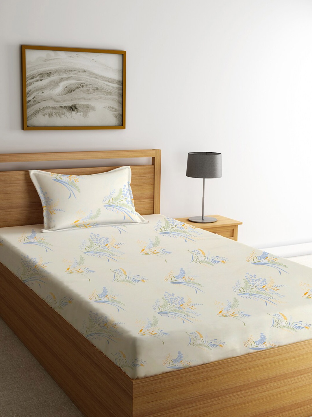 

KLOTTHE Off White & Blue Floral 300 TC Single Bedsheet with 1 Pillow Cover