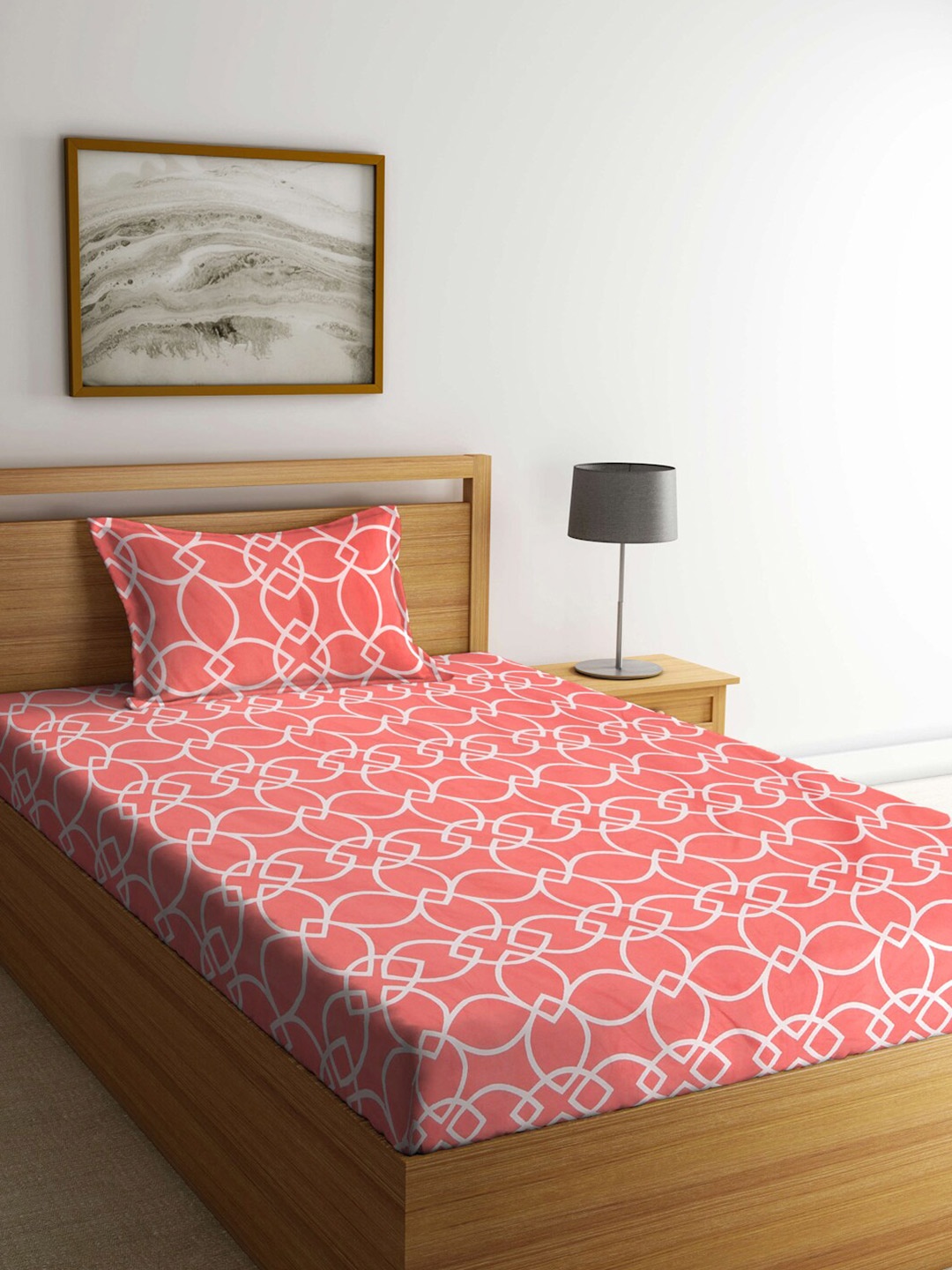 

KLOTTHE Peach-Coloured & White Geometric 300 TC Single Bedsheet with 1 Pillow Cover