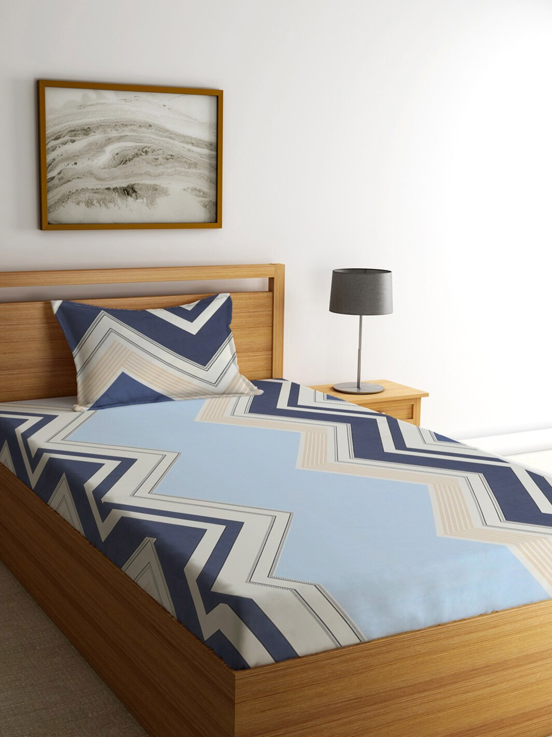 

KLOTTHE Blue & Navy Blue Geometric 300 TC Single Bedsheet with 1 Pillow Cover