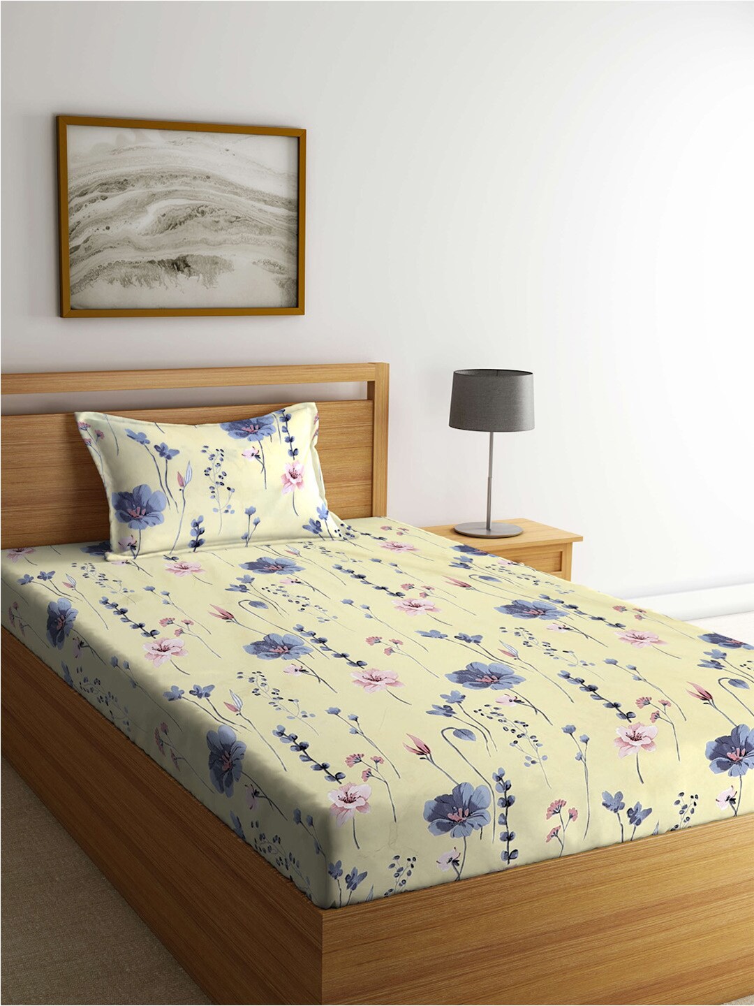 

KLOTTHE Cream-Coloured & Blue Floral 300 TC Single Bedsheet with 1 Pillow Cover