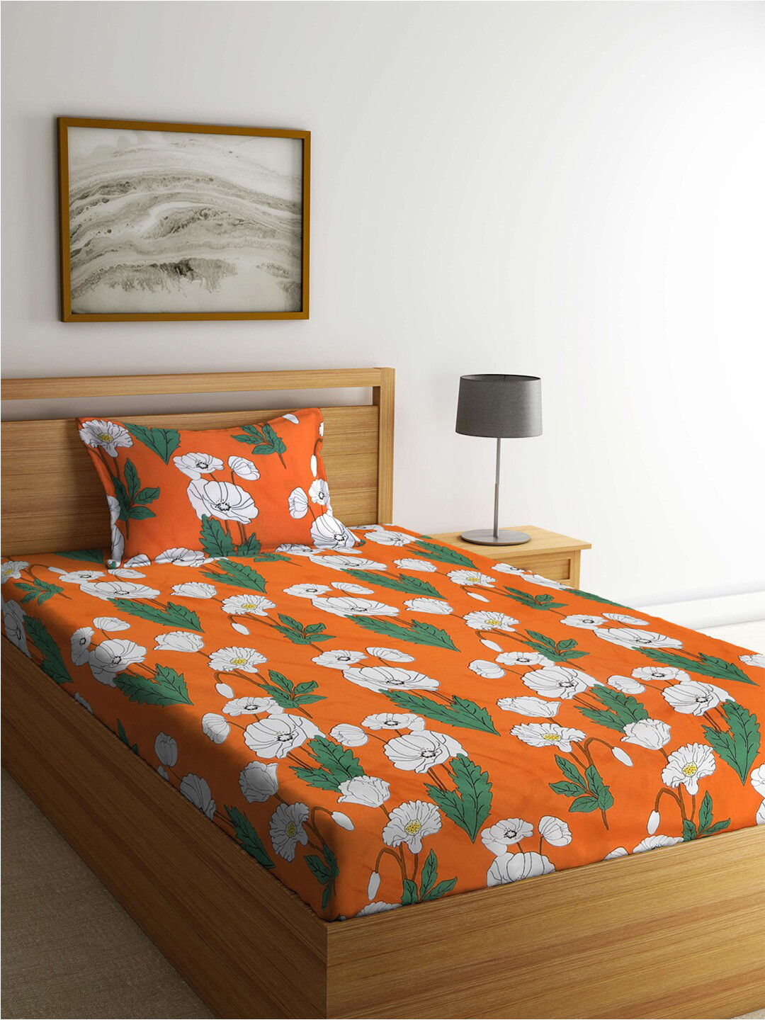 

KLOTTHE Orange & Green Floral 300 TC Single Bedsheet with 1 Pillow Cover