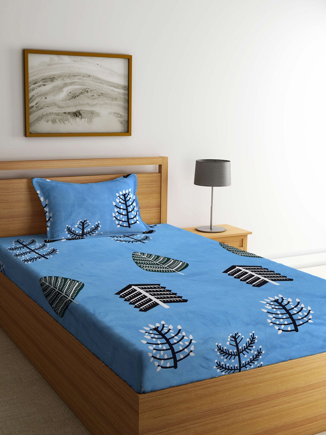 

KLOTTHE Blue & Green Conversational 300 TC Single Bedsheet with 1 Pillow Cover