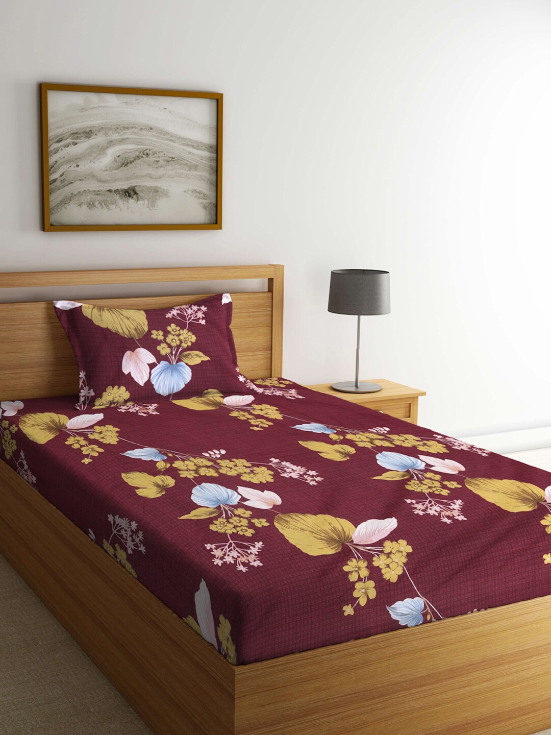

KLOTTHE Maroon & Green Floral 300 TC Single Bedsheet with 1 Pillow Cover