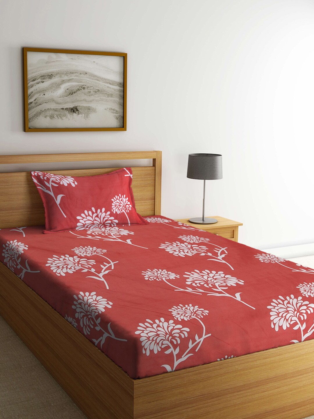 

KLOTTHE Peach-Coloured & White Floral 300 TC Single Bedsheet with 1 Pillow Cover