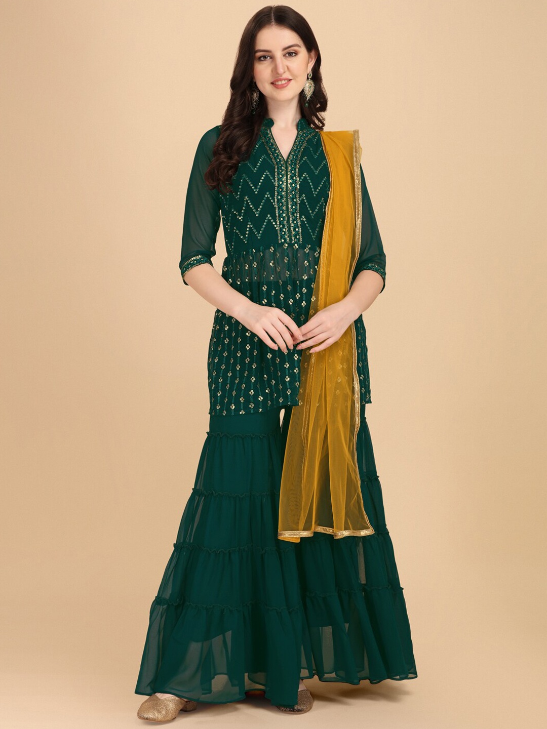 

Virah Fashion Women Embroidered Sequinned Kurti with Sharara & Dupatta, Green
