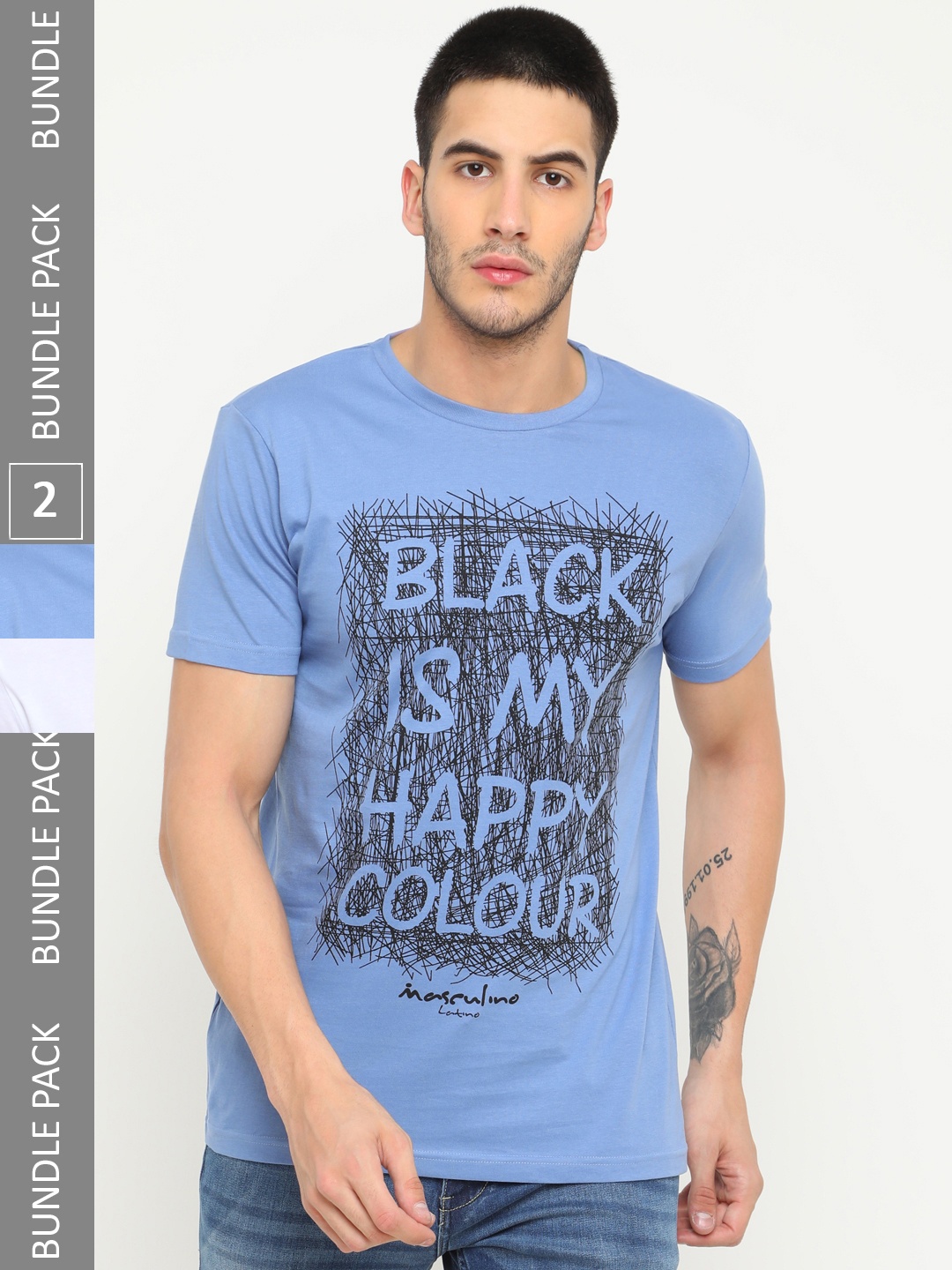 

Masculino Latino Pack Of 2 Men Typography Printed Cotton T-shirt, Blue