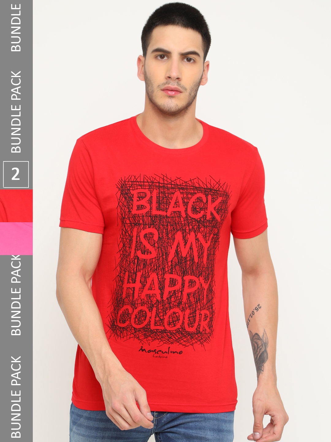 

Masculino Latino Pack Of 2 Men Typography Printed Cotton T-shirts, Red