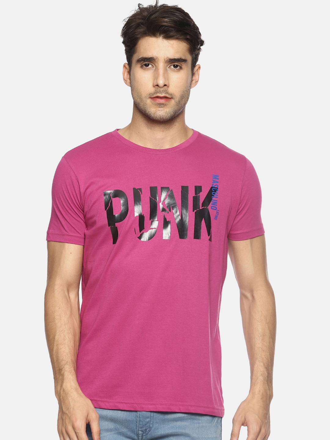 

Masculino Latino Plus Men Typography Printed Cotton T-shirt, Pink