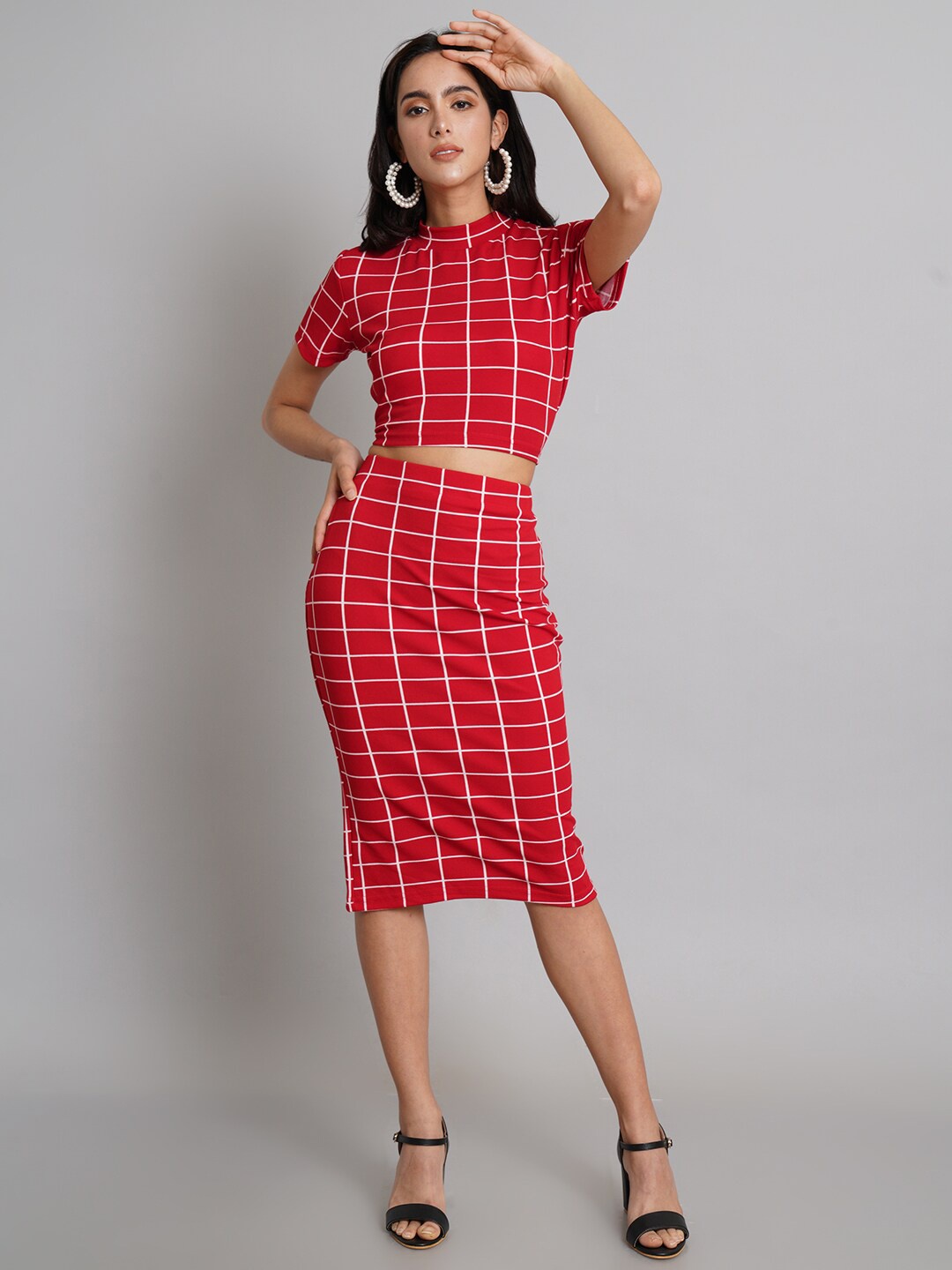 

Risirioutfit Women Checked Top with Skirt Co-Ords Set, Red