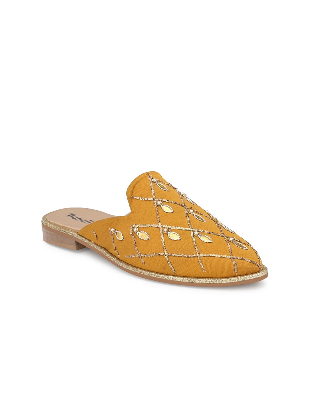 

BONALI Women Embellished Mules Flats, Mustard