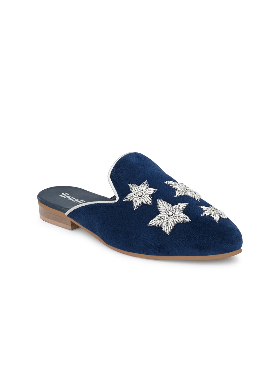

BONALI Women Embellished Mules with Embroidered Flats, Navy blue