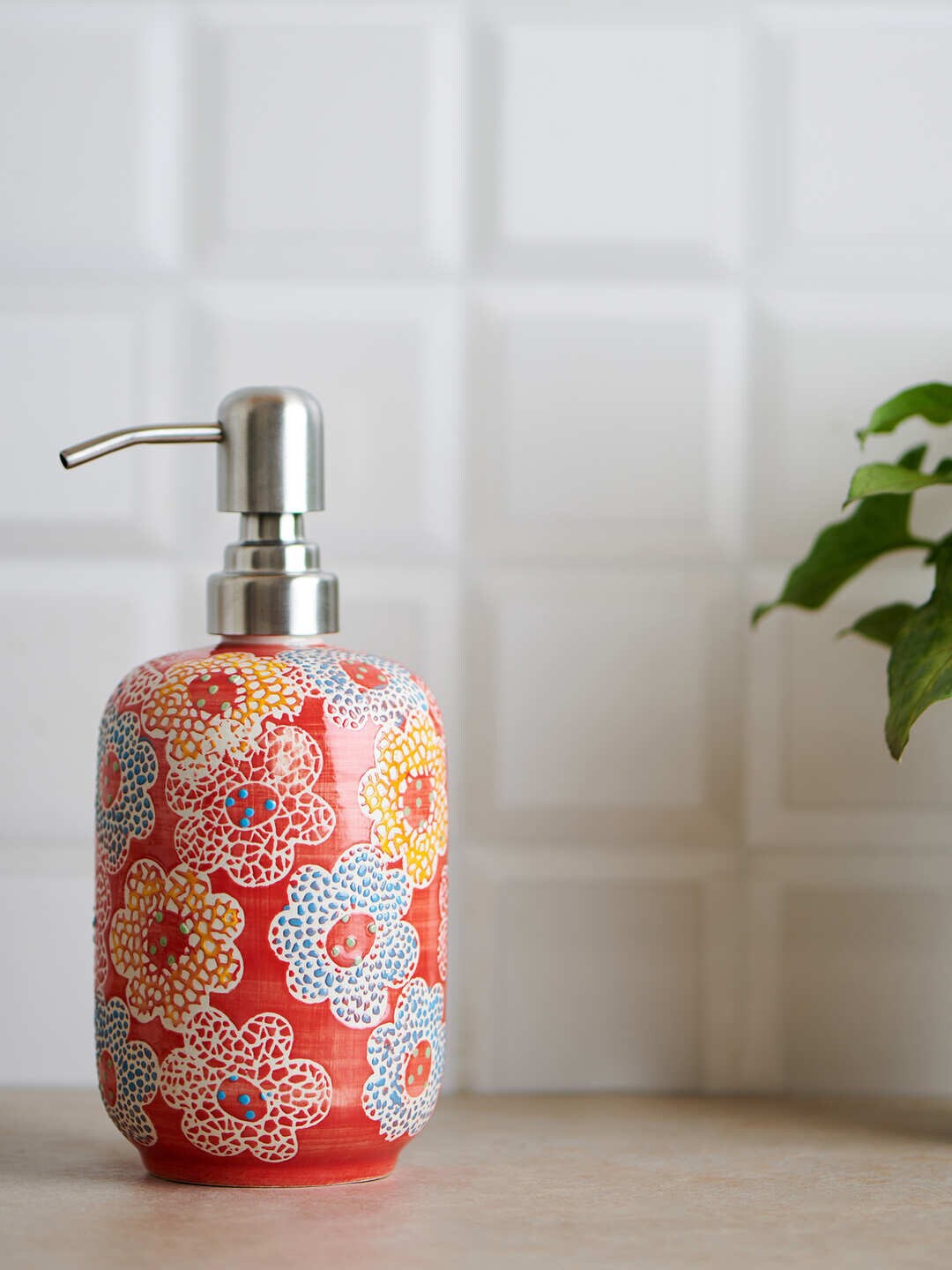 

Chumbak Red & Yellow Flowerbeds Printed Mosaic Ceramic Soap Dispenser