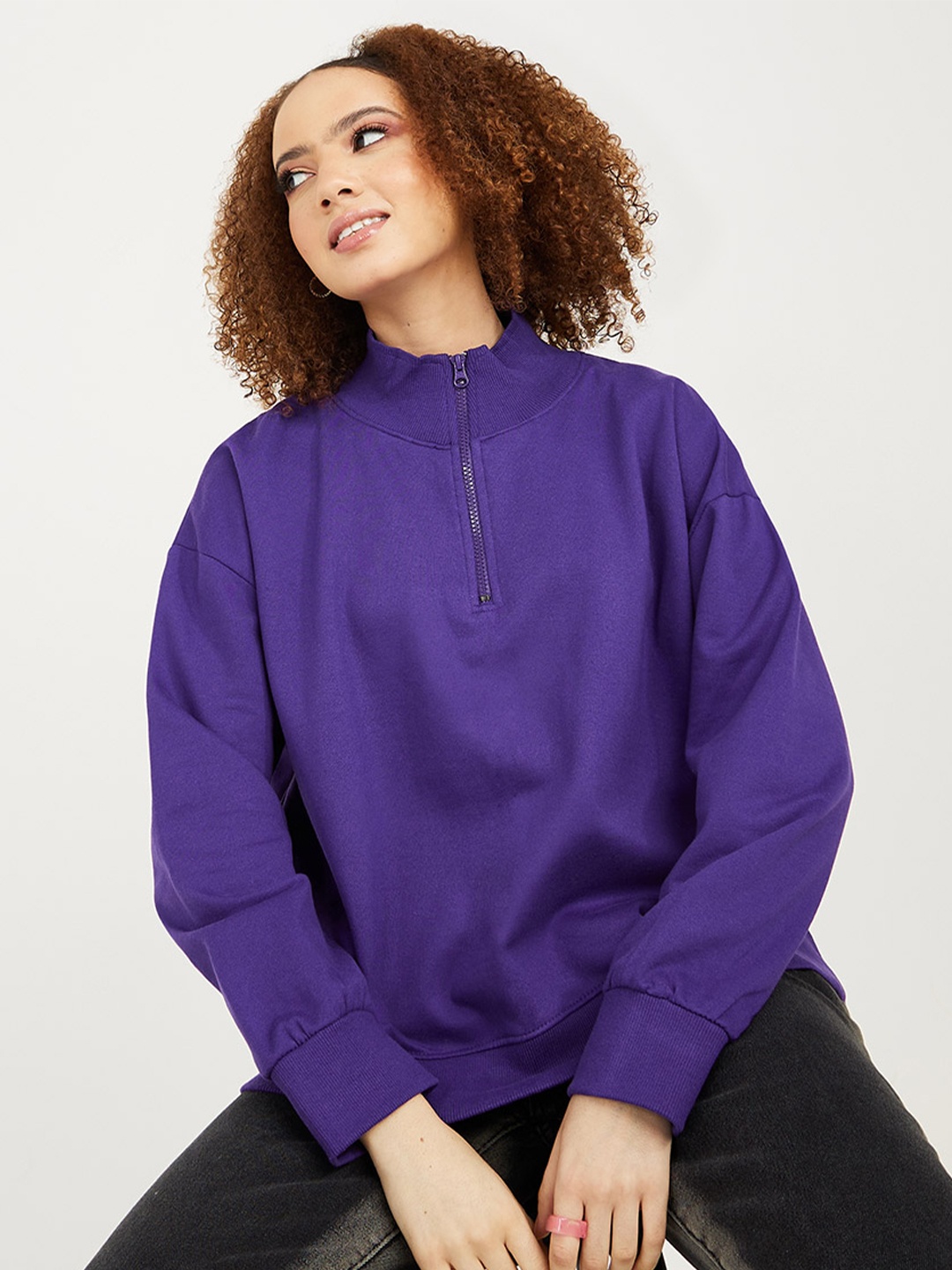 

Styli Mock Collar Cotton Sweatshirt, Purple