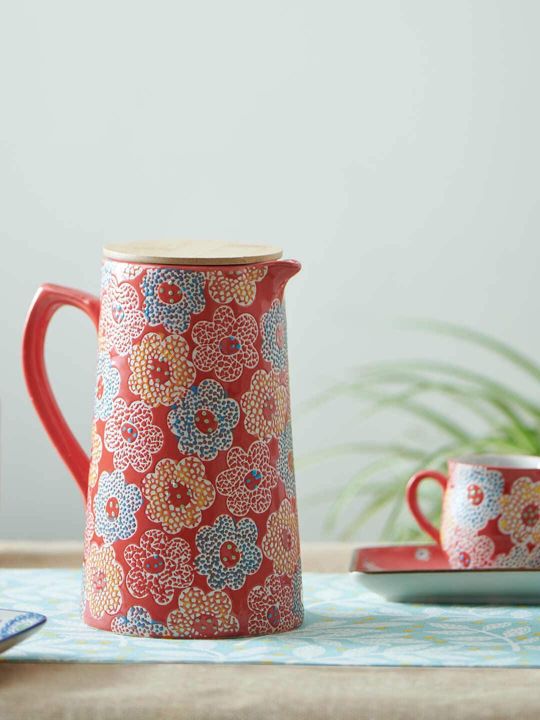 

Chumbak Flowerbeds Mosaic Red & Blue Printed Mosaic Pitcher Mug Jar