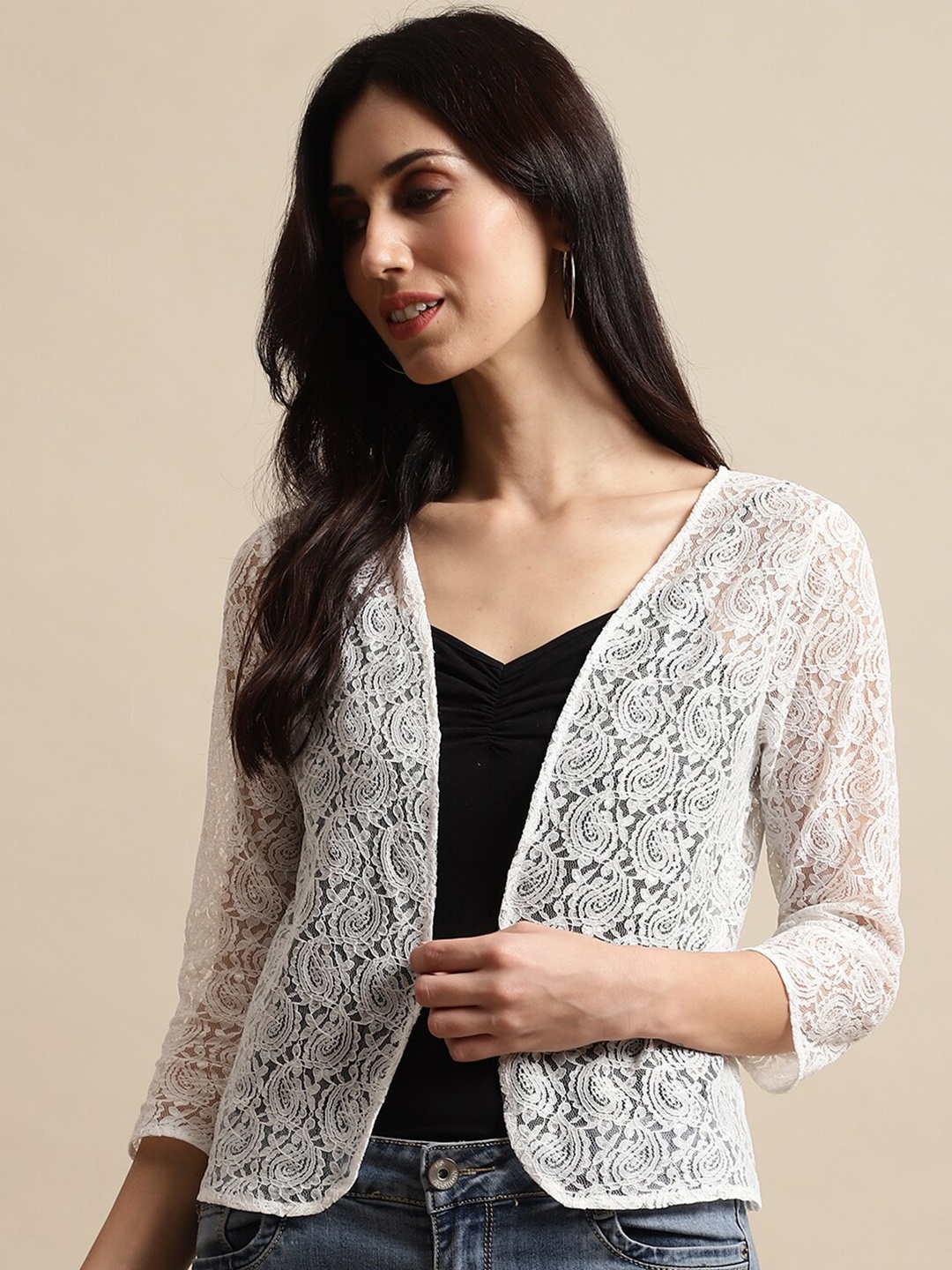 

UnaOne Women Self Design Nylon Open Front Shrug, White