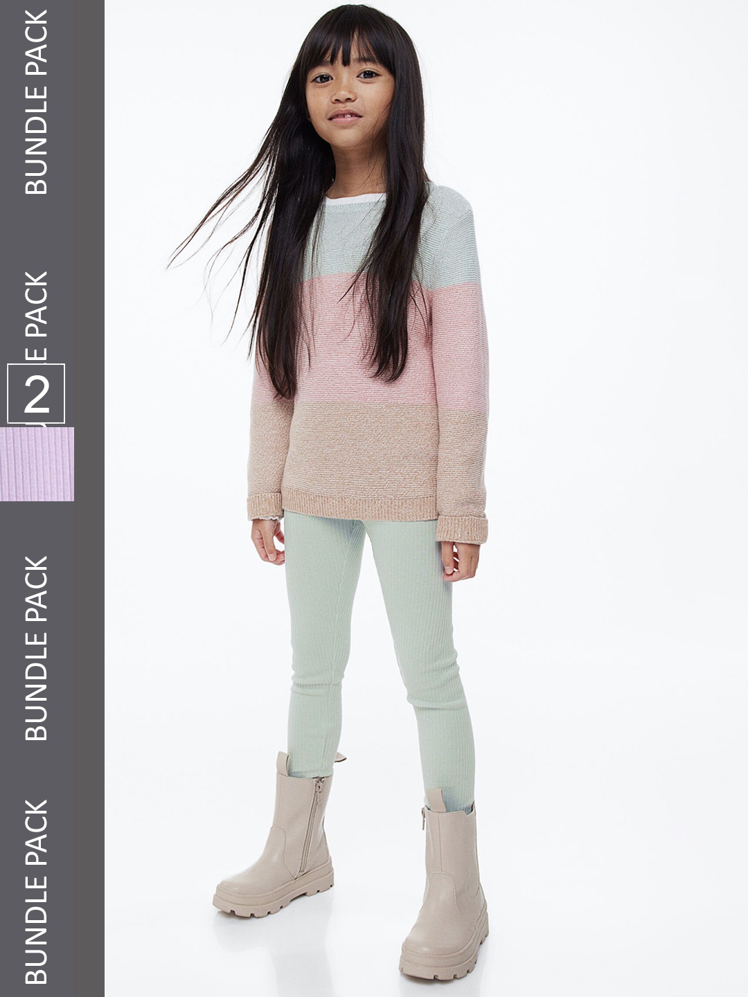 

H&M Girls 2-Pack Ribbed Leggings, Green
