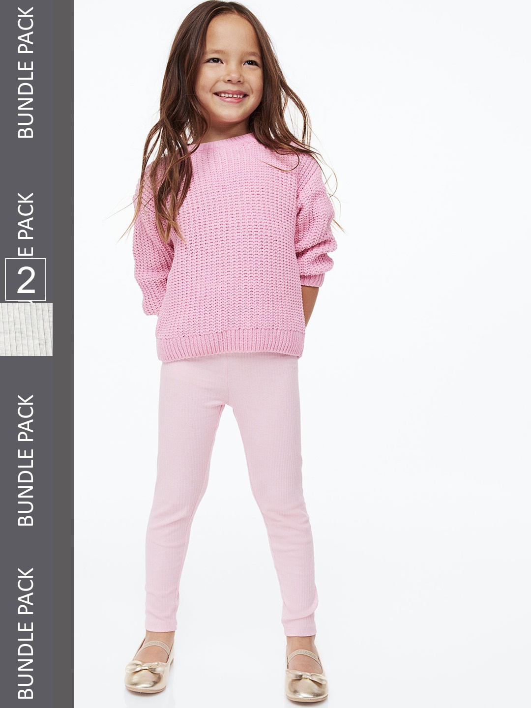 

H&M Girls 2-Pack Ribbed Leggings, Grey