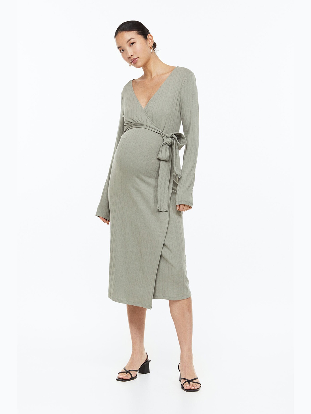 

H&M MAMA Ribbed Wrap Dress, Green