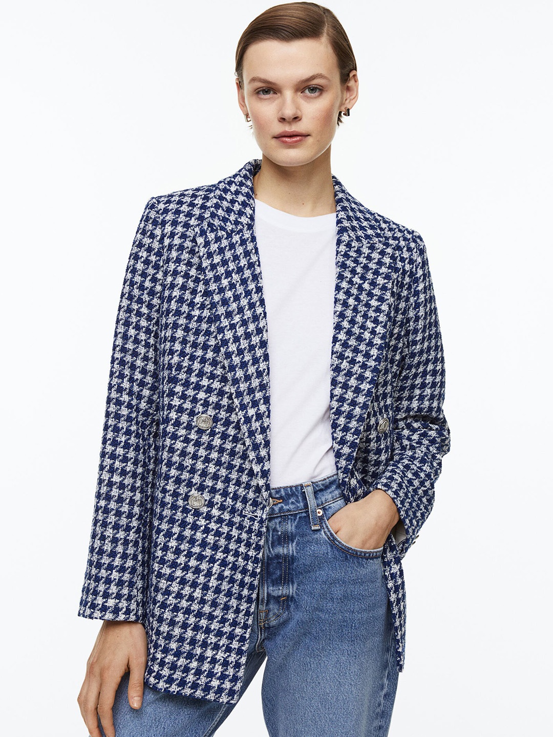 

H&M Women Textured -Weave Double-Breasted Blazers, Blue