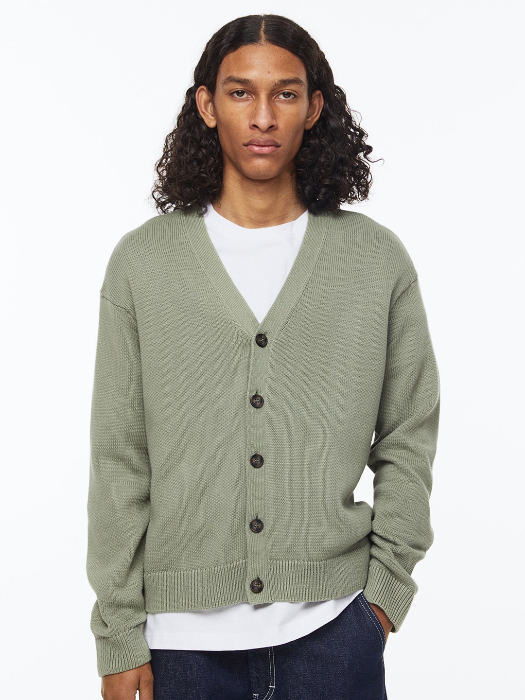 

H&M Men Relaxed Fit Fine-knit cardigan, Green