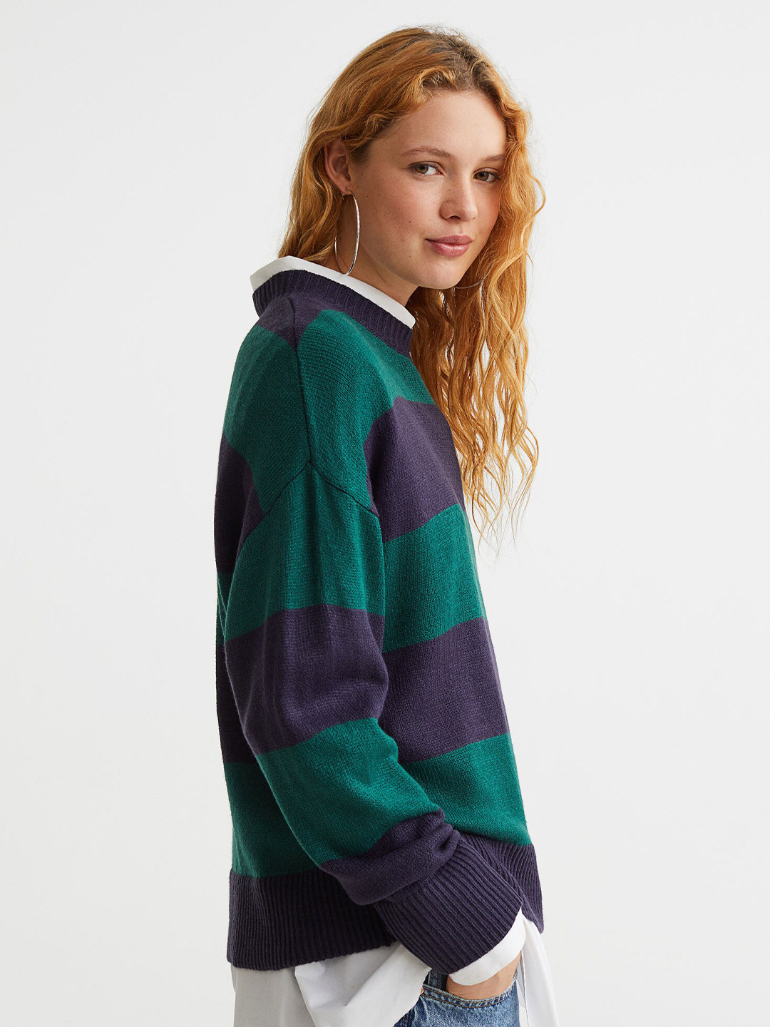 

H&M Women Striped Acrylic Relaxed-Fit Jumper, Navy blue