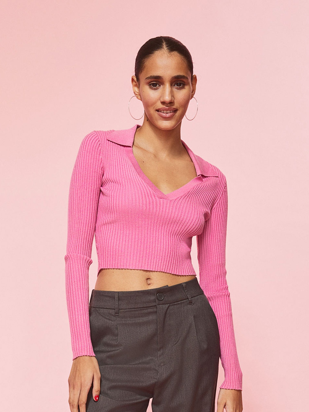 

H&M Women Collared rib-knit top, Pink