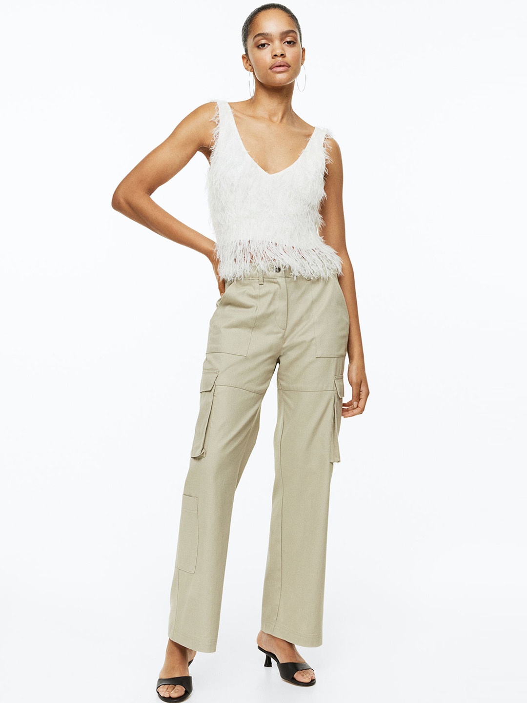 

H&M Women Straight Cargo Trousers, Beige