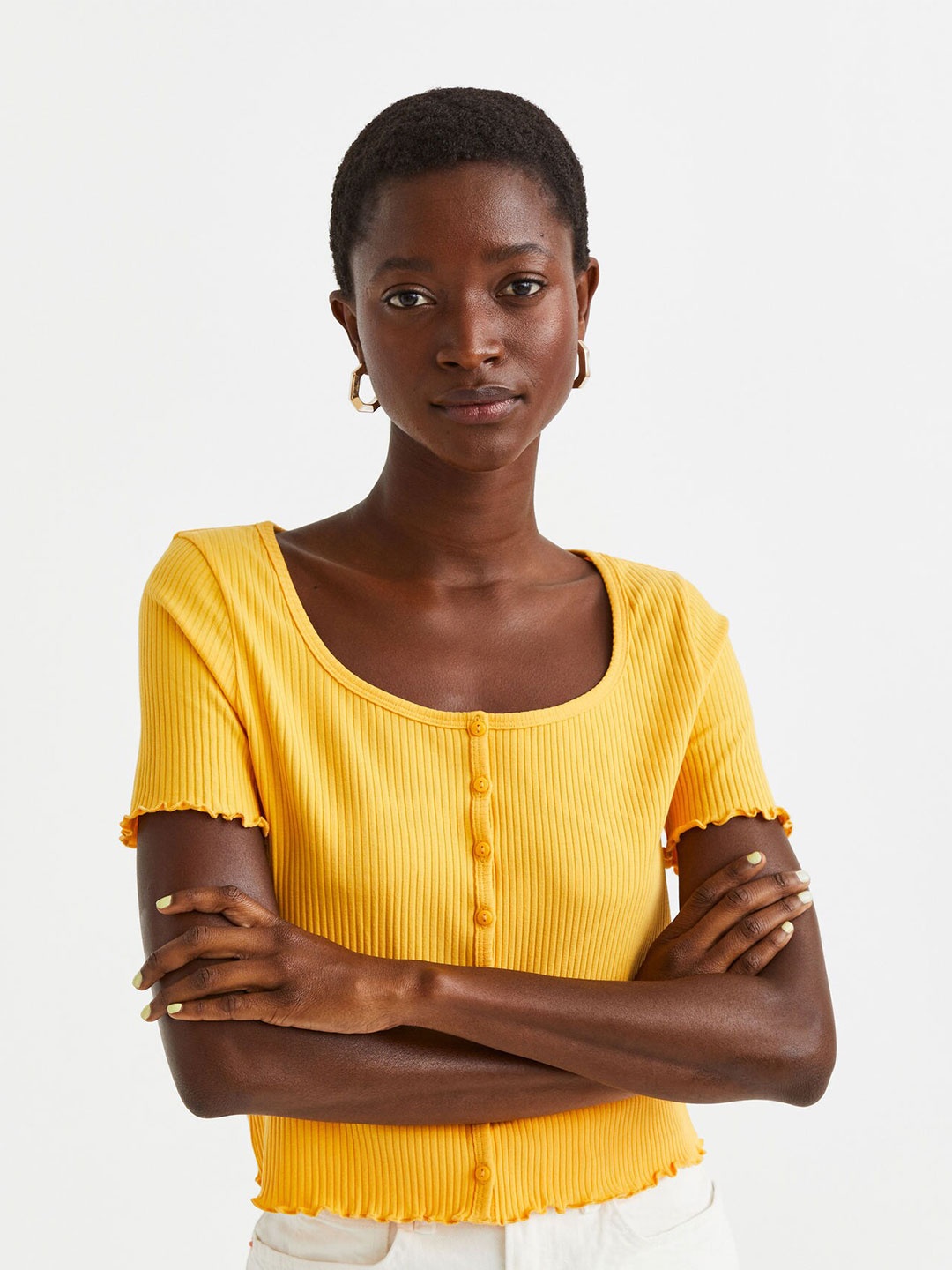 

H&M Women Button-Front Ribbed Top, Yellow