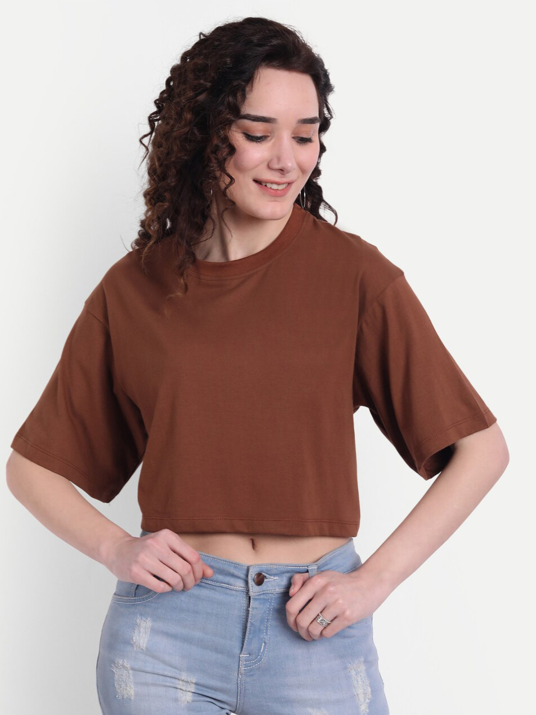 

COLOR CAPITAL Women Drop-Shoulder Sleeves Boxy T-shirt, Brown