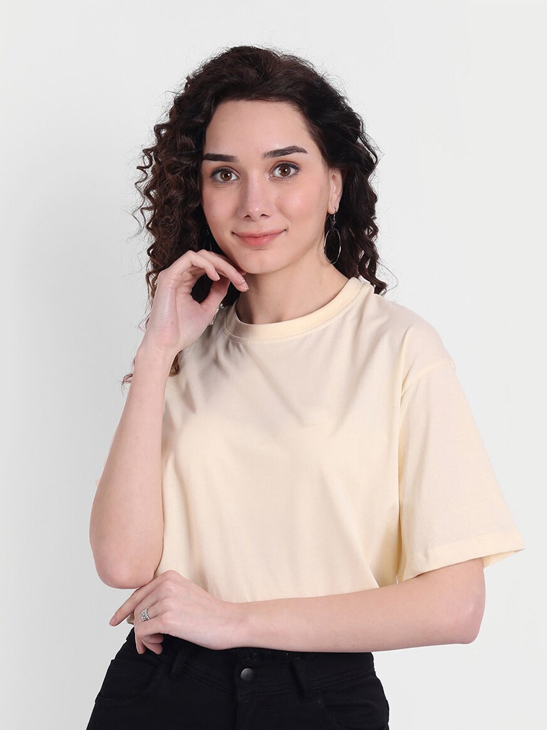 

COLOR CAPITAL Women Drop-Shoulder Sleeves Boxy Cotton T-shirt, Beige