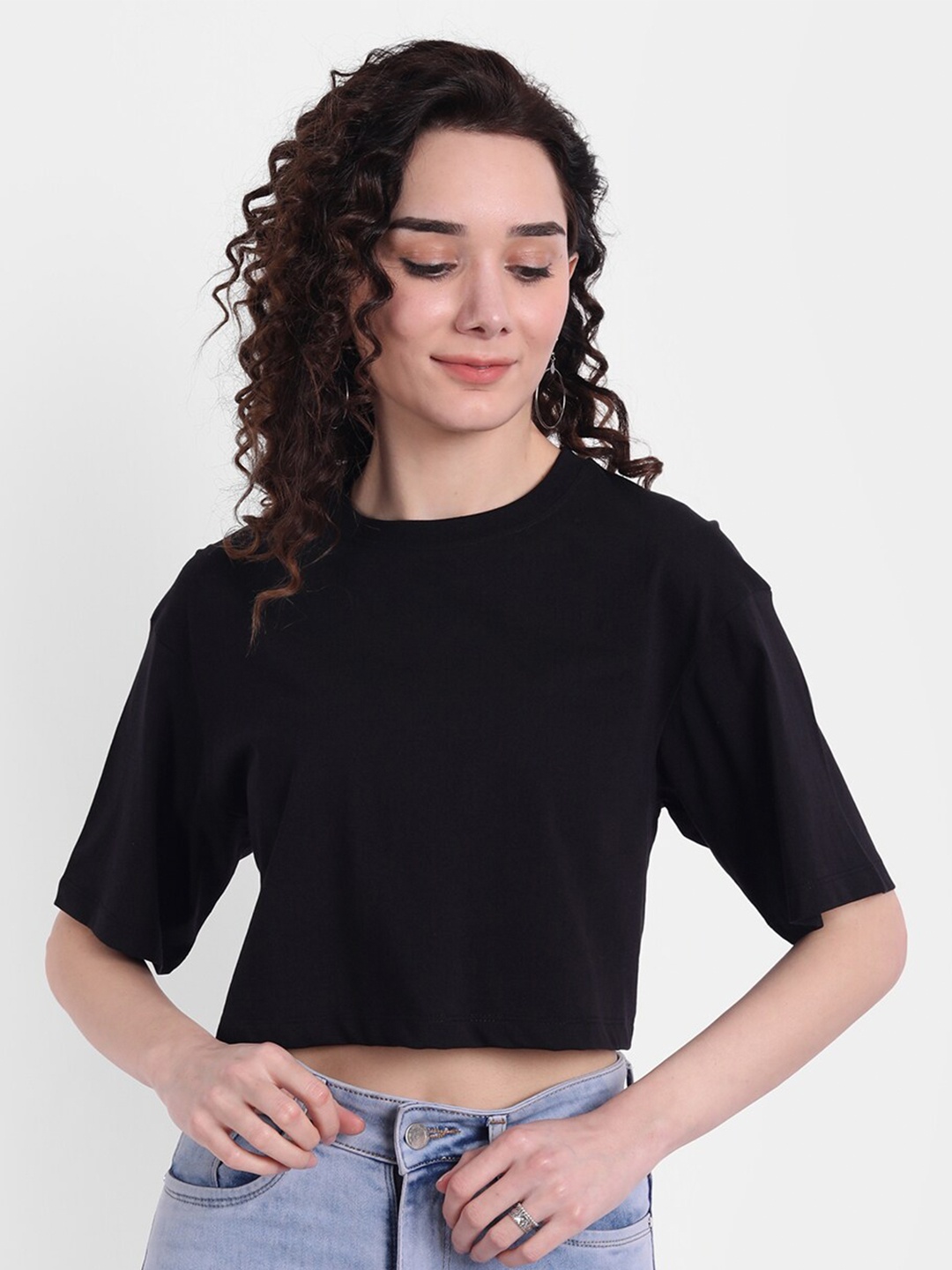 

COLOR CAPITAL Women Drop-Shoulder Sleeves Boxy T-shirt, Black