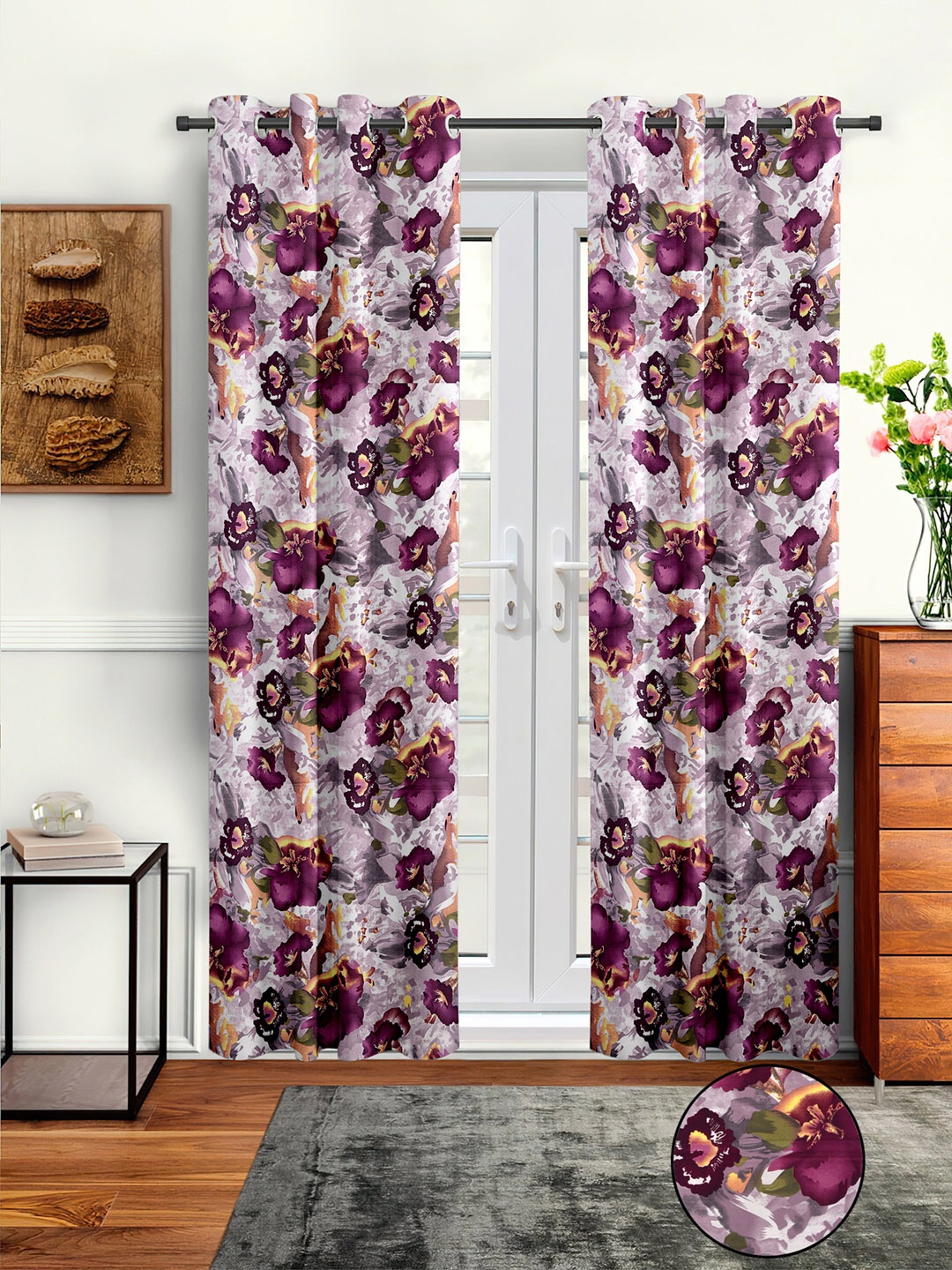 Cortina Purple & White Pack Of 2 Floral Door Curtains
