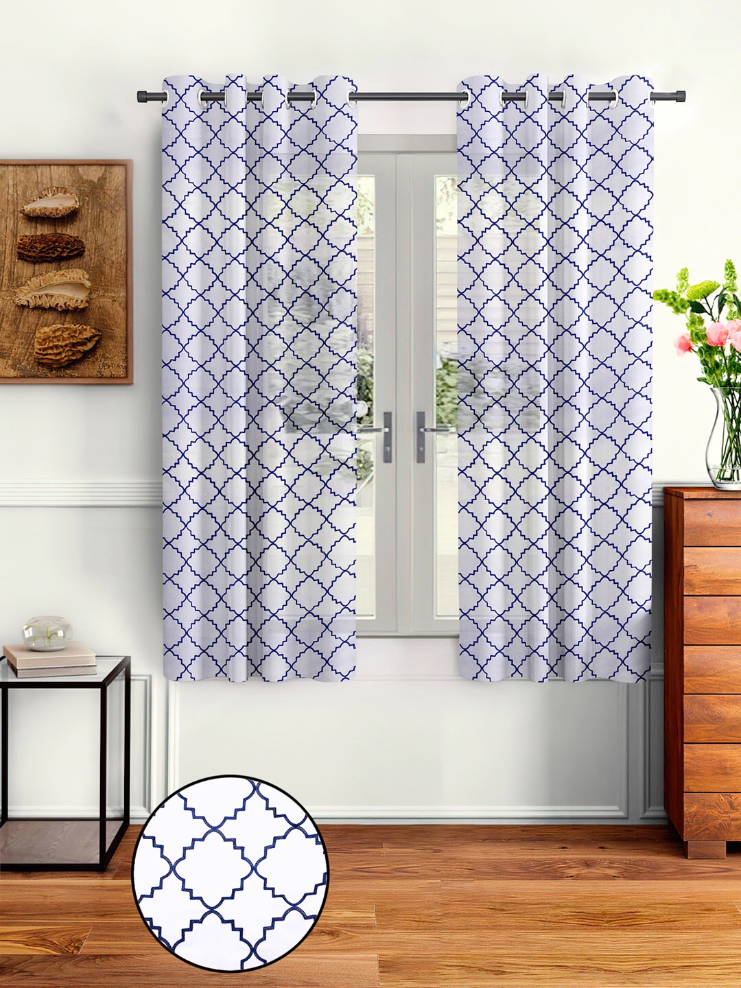 

Cortina White & Blue Set of 2 Embroidered Sheer Window Curtain