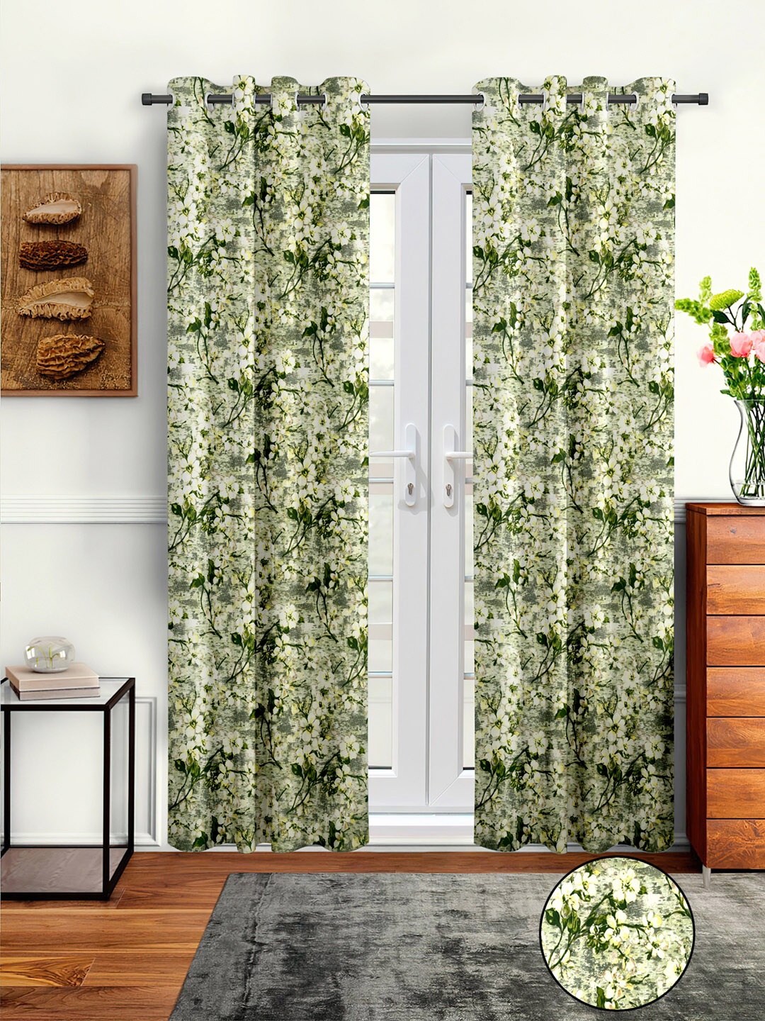 Cortina Green & Yellow Set of 2 Floral Long Door Curtain