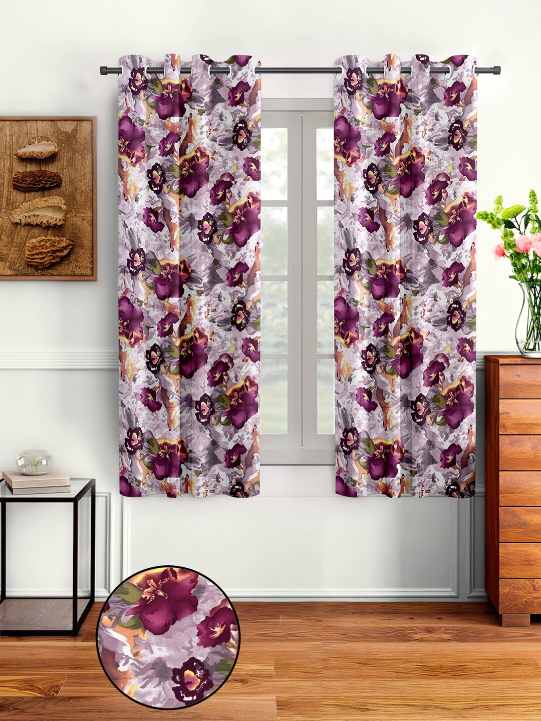 Cortina Purple & Brown Set of 2 Floral Window Curtain