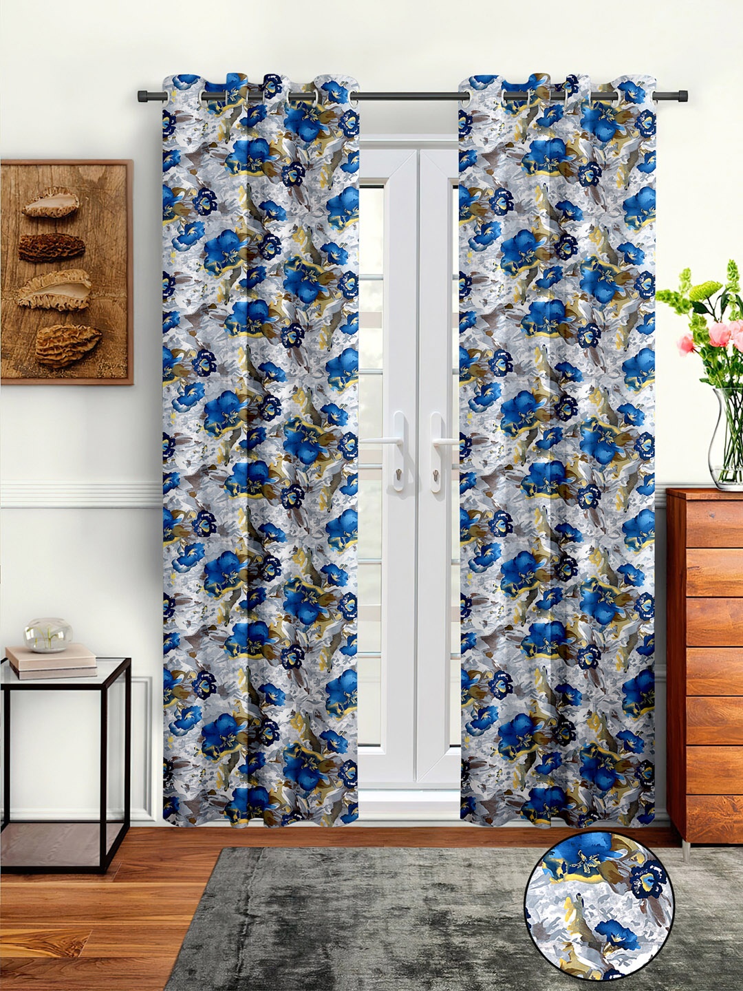 

Cortina White & Blue Set of 2 Floral Long Door Curtain