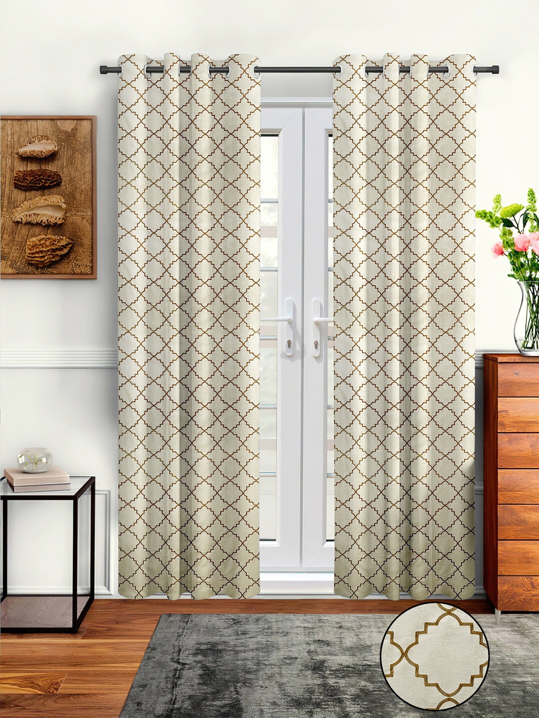Cortina Off White & Brown Set of 2 Embroidered Long Door Curtain