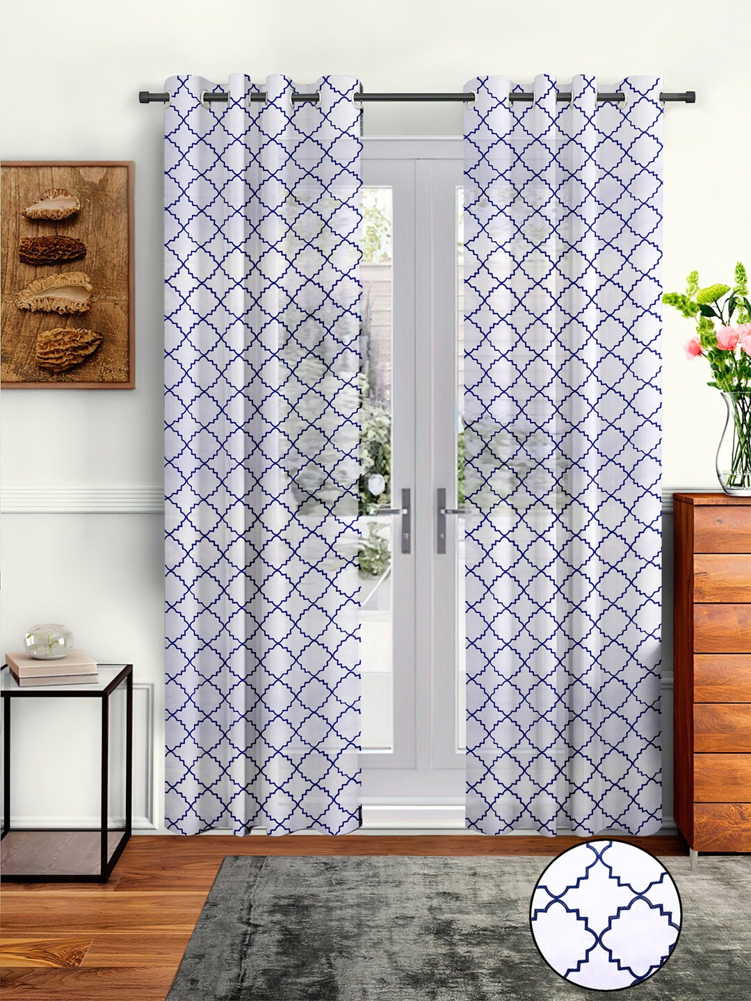 

Cortina White & Blue Set of 2 Embroidered Sheer Door Curtain