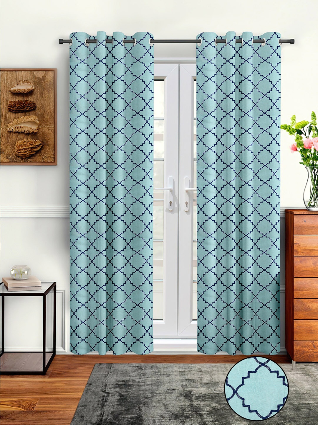 Cortina Blue Set of 2 Embroidered Long Door Curtain