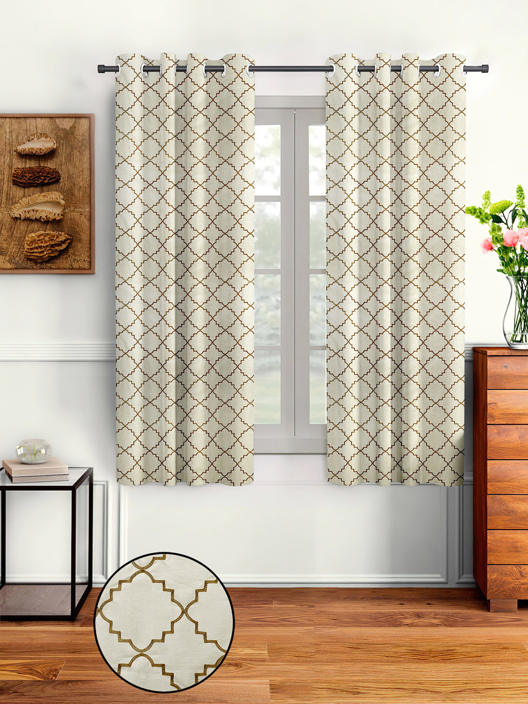 

Cortina Off White & Brown Set of 2 Embroidered Window Curtains