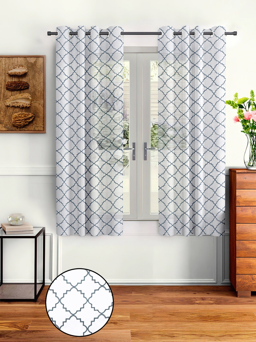 

Cortina White & Grey Set of 2 Embroidered Sheer Window Curtain