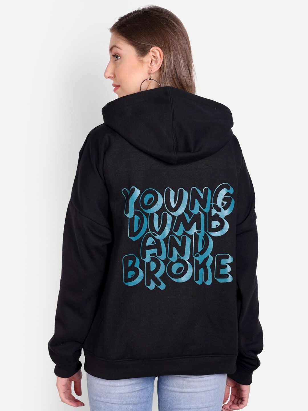 

Fibre World Women Oversized Printed Hooded Fleece Sweatshirt, Black