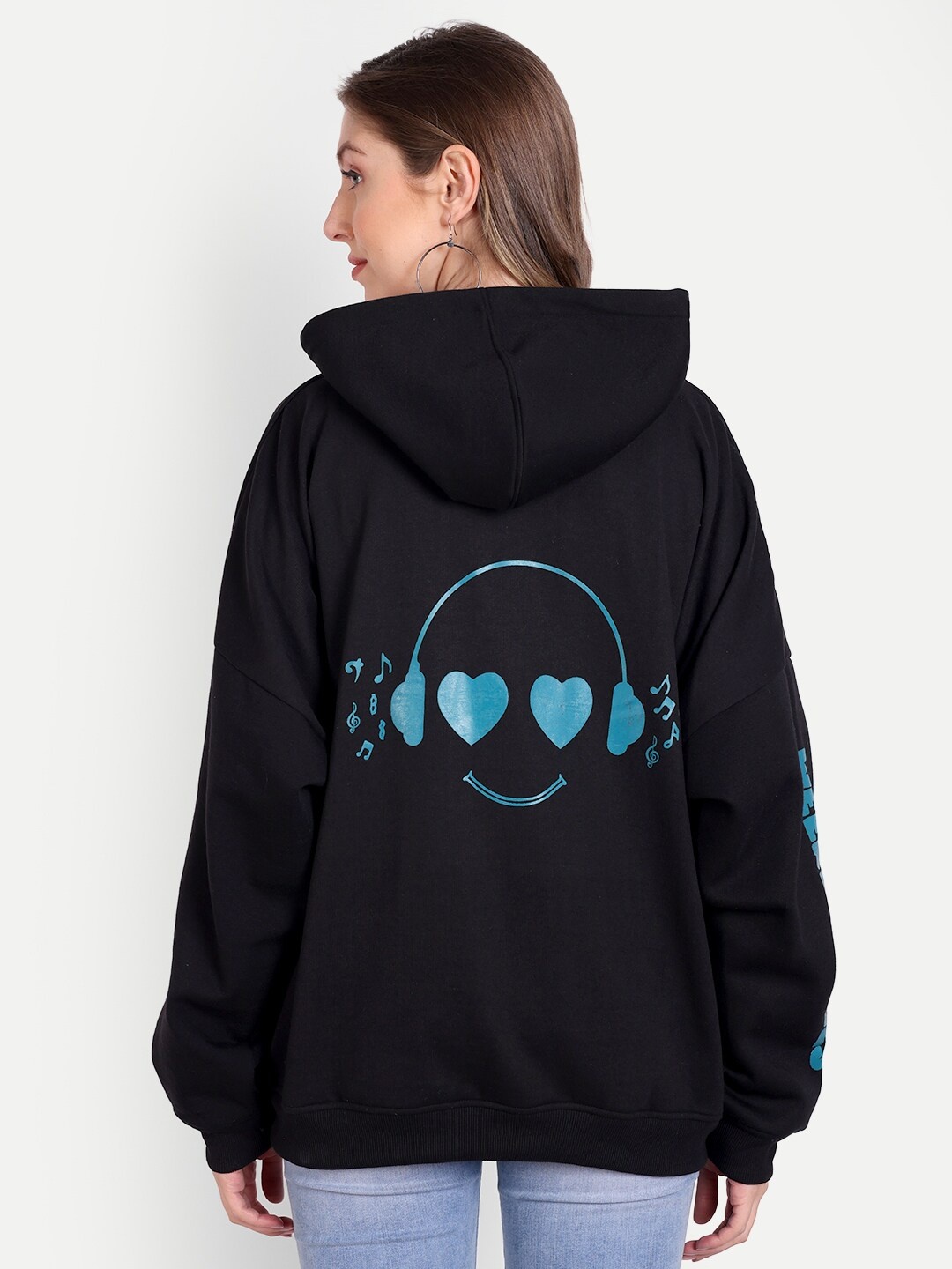 

Fibre World Women Printed Hooded Fleece Sweatshirt, Black