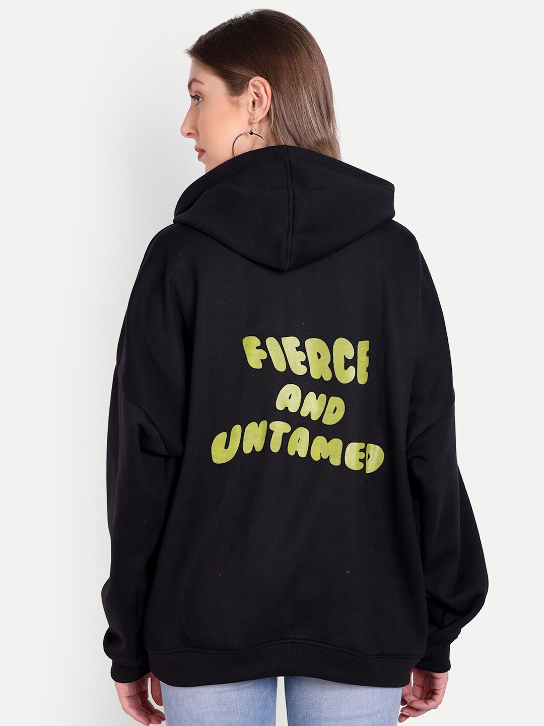 

Fibre World Women Oversized Printed Hooded Fleece Sweatshirt, Black