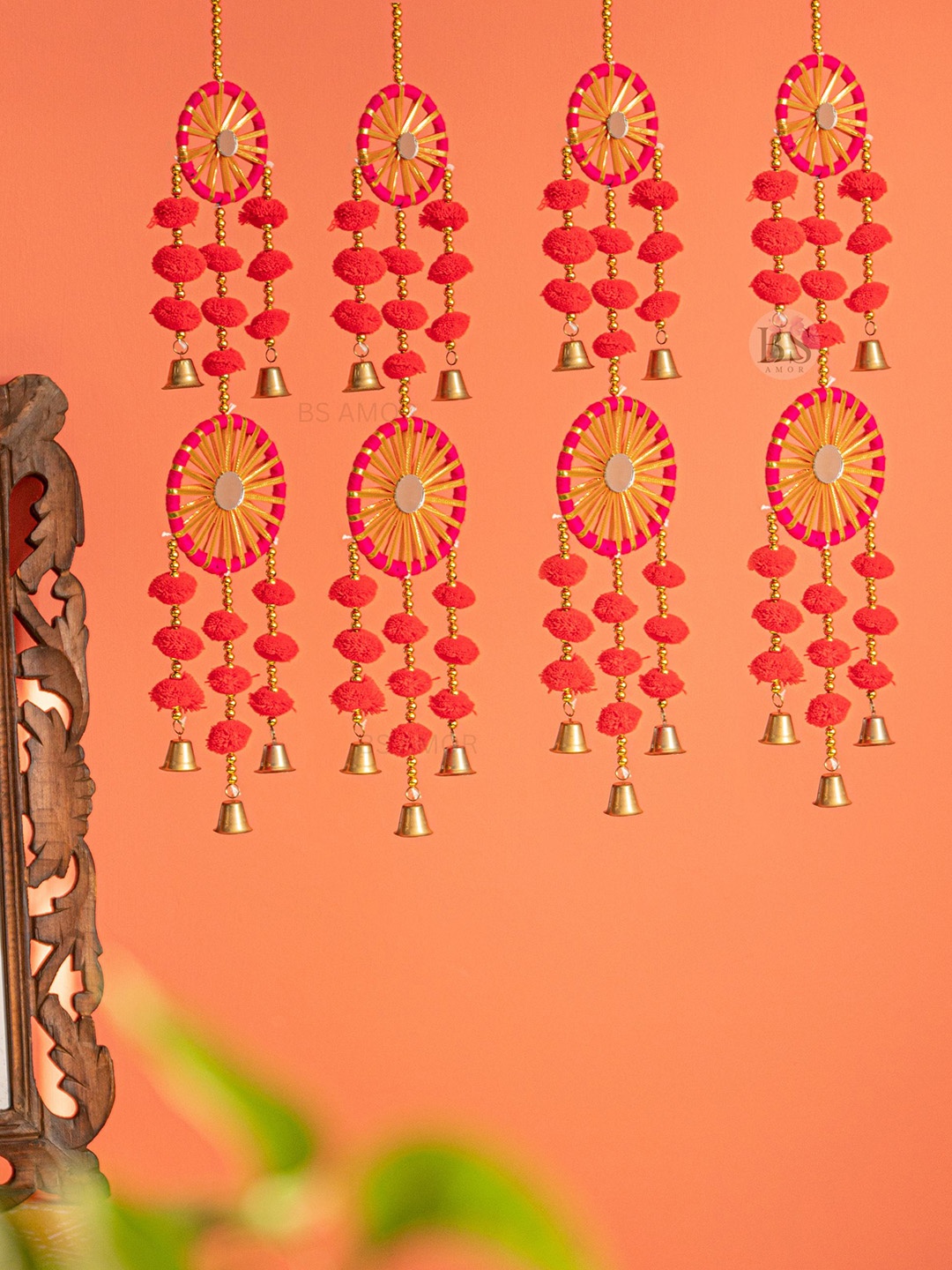 

BS AMOR Pack of 4 Red & Pink Dual Chakri Toran Wall Hanging Latkan