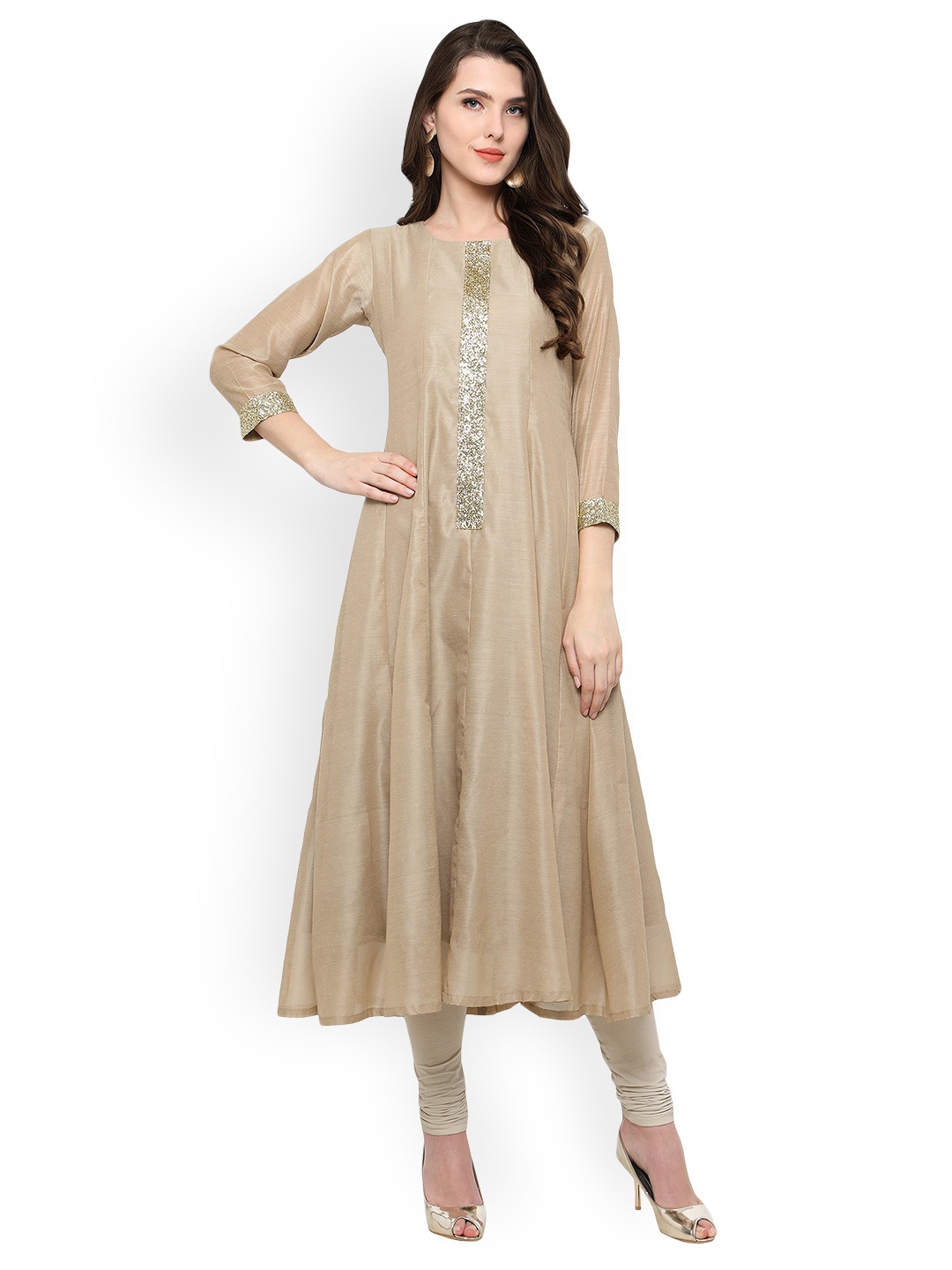 

Ahalyaa Women Beige Solid Anarkali Kurta with Shimmer Detail