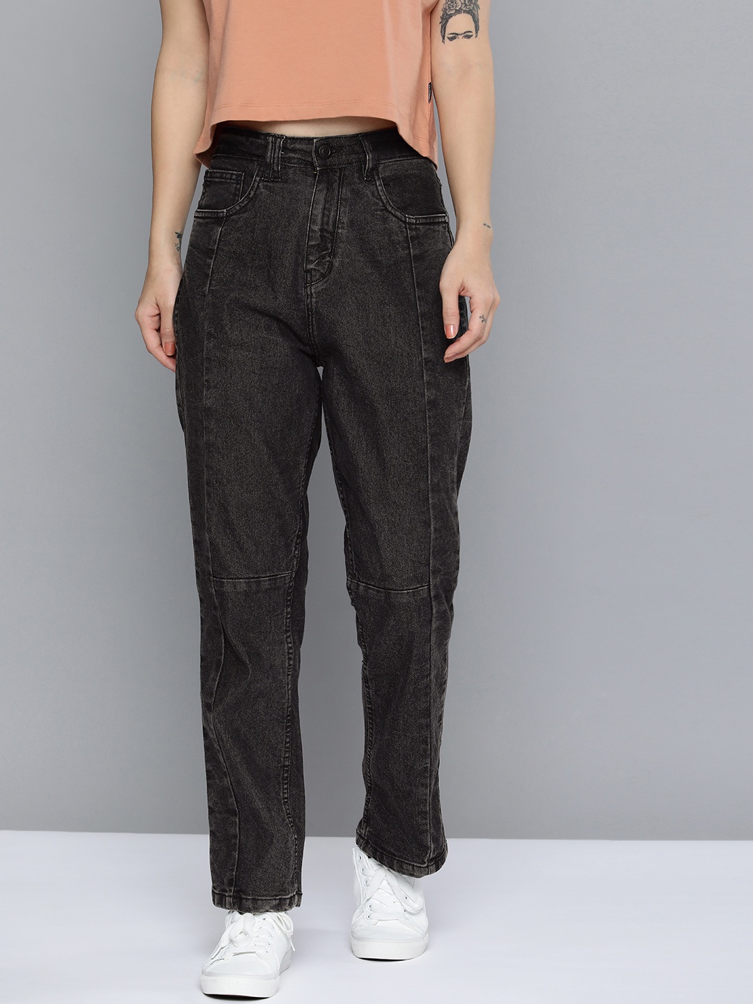 

Mast & Harbour Women Straight Fit Mid-Rise Light Fade Stretchable Jeans, Black