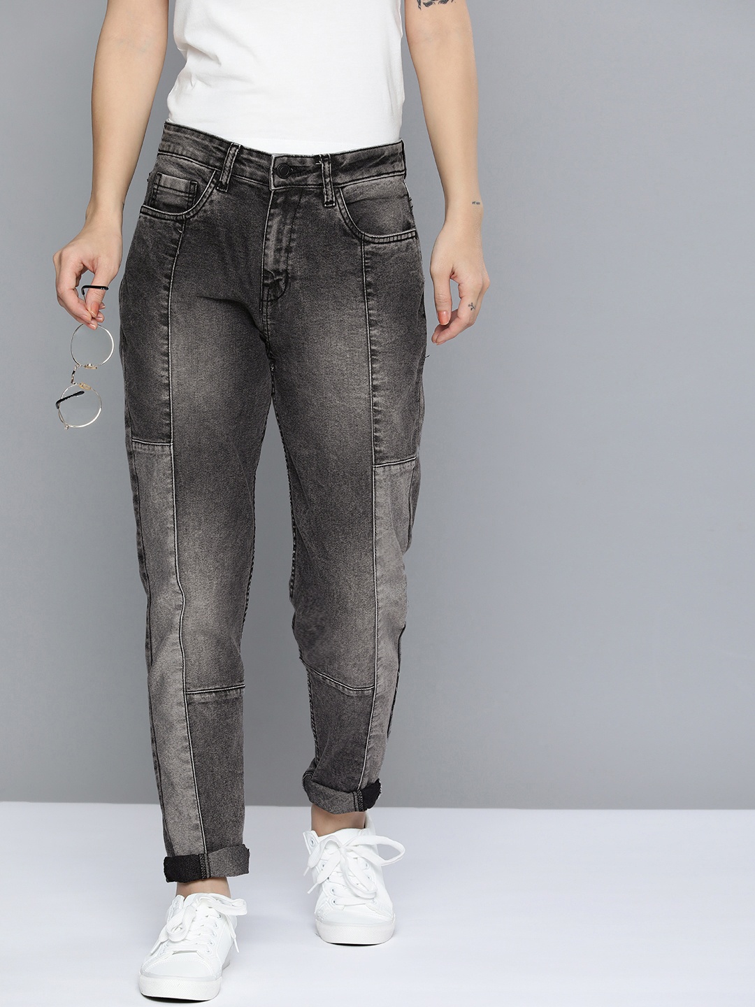 

Mast & Harbour Women Mom Fit Mid-Rise Heavy Fade Stretchable Jeans, Black