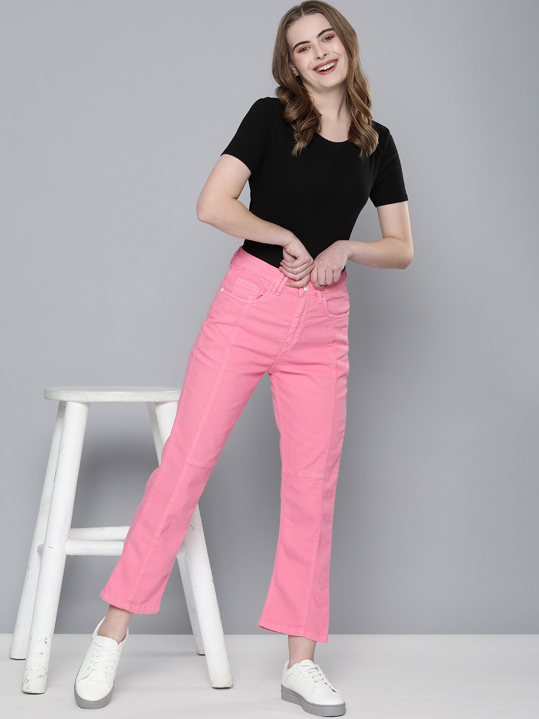 

Mast & Harbour Mid-Rise Straight Fit Stretchable Coloured Jeans, Pink
