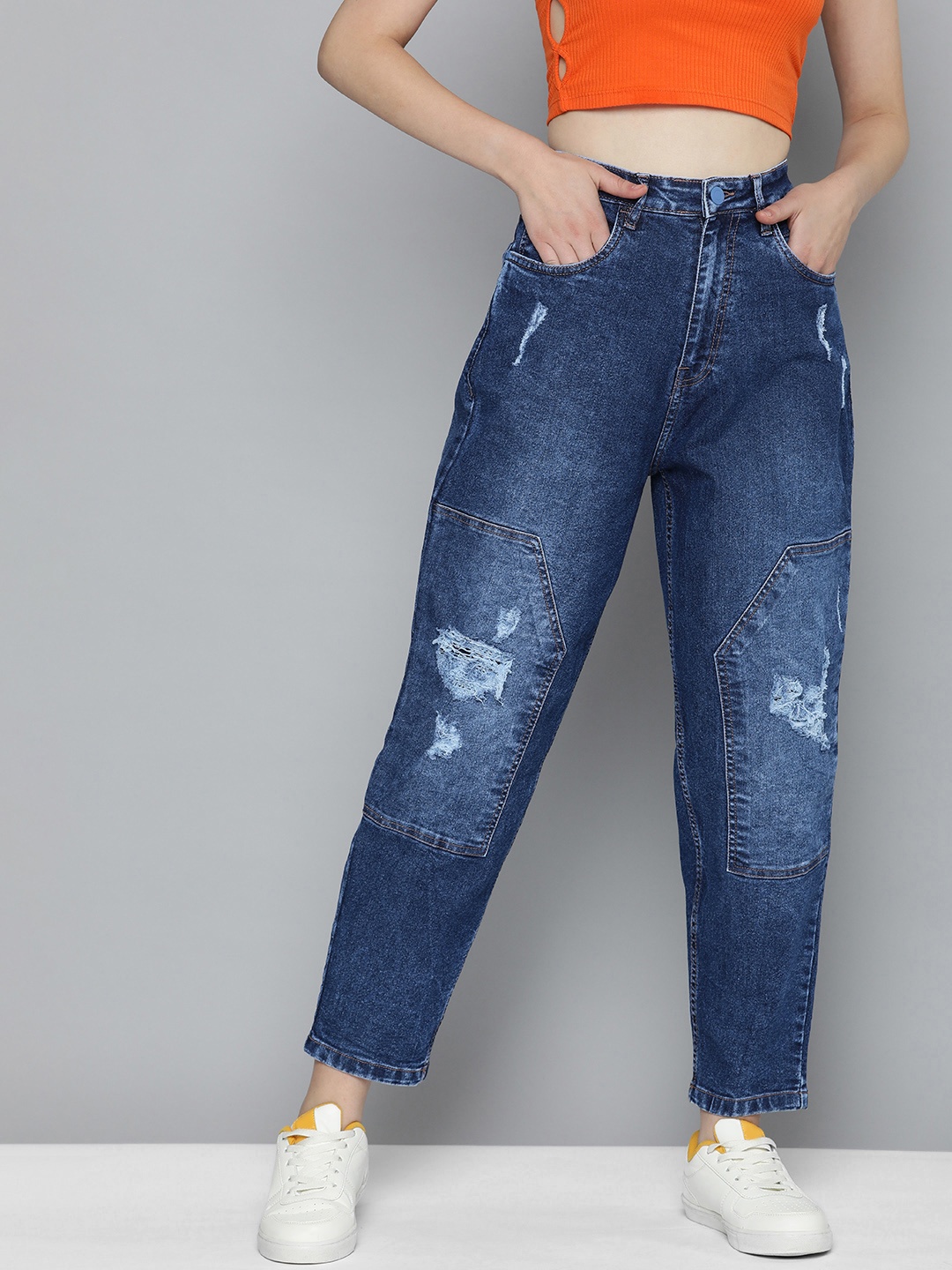

Mast & Harbour Women Baggy Fit Highly Distressed Jeans, Blue